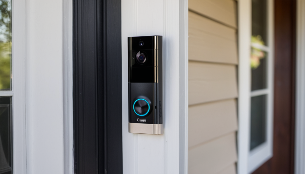 Smart video doorbell mounted on front door