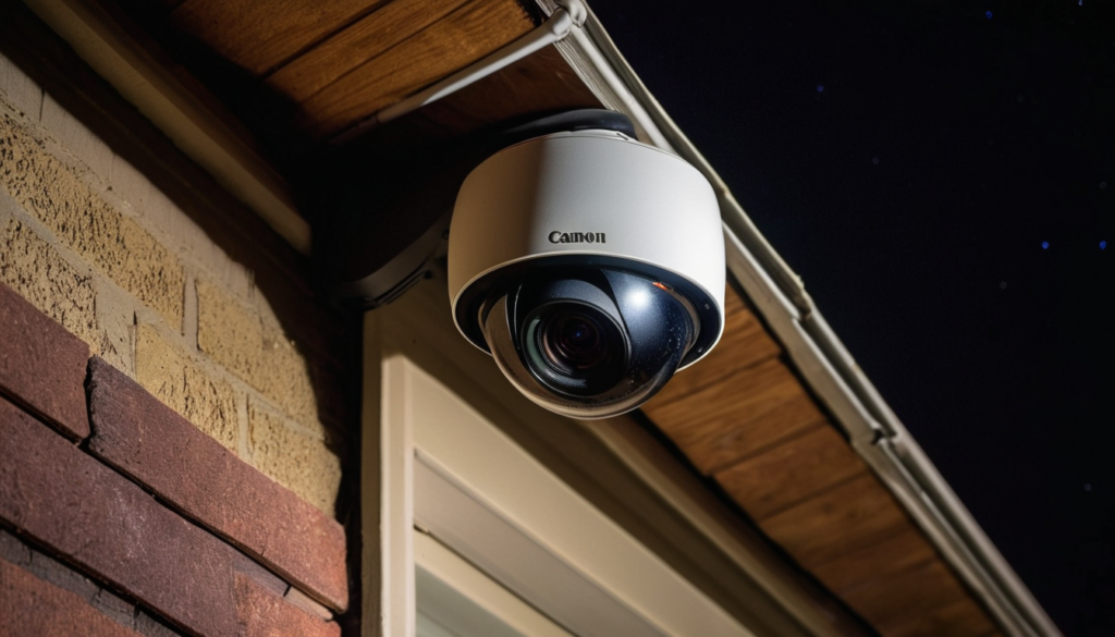 Outdoor security camera under house eave at night