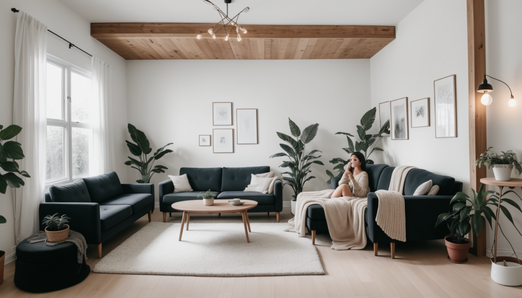 Living room with warm smart lighting creating an occupied appearance