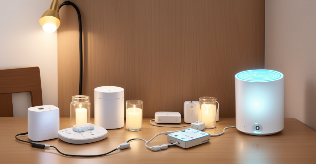 Collection of smart home devices including smart plugs and sensors arranged on a table