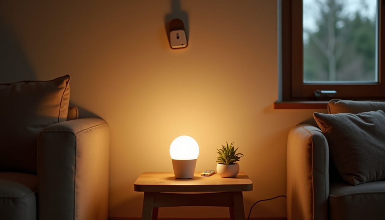 IKEA KAJPLATS smart bulb in a modern living room with warm lighting