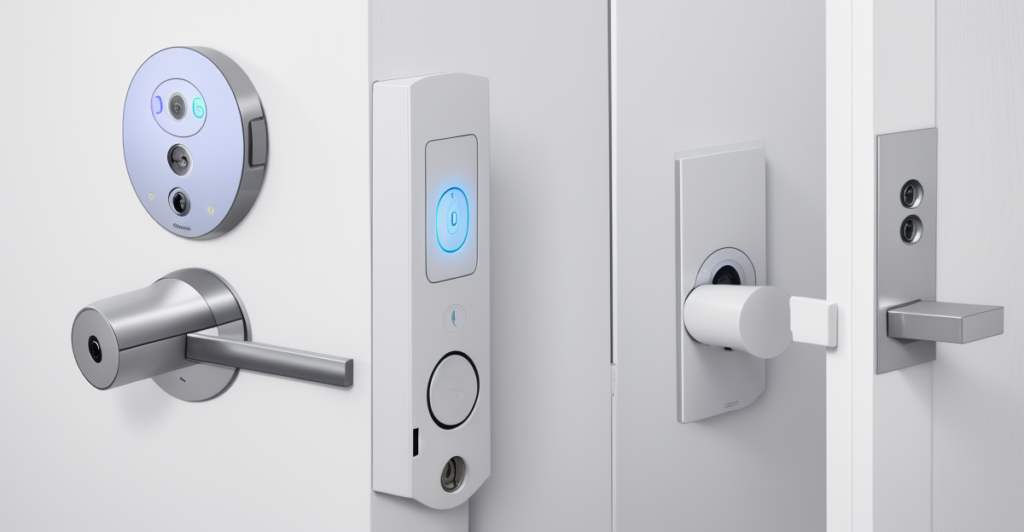 Close-up detail of a smart lock battery compartment and interior mechanism