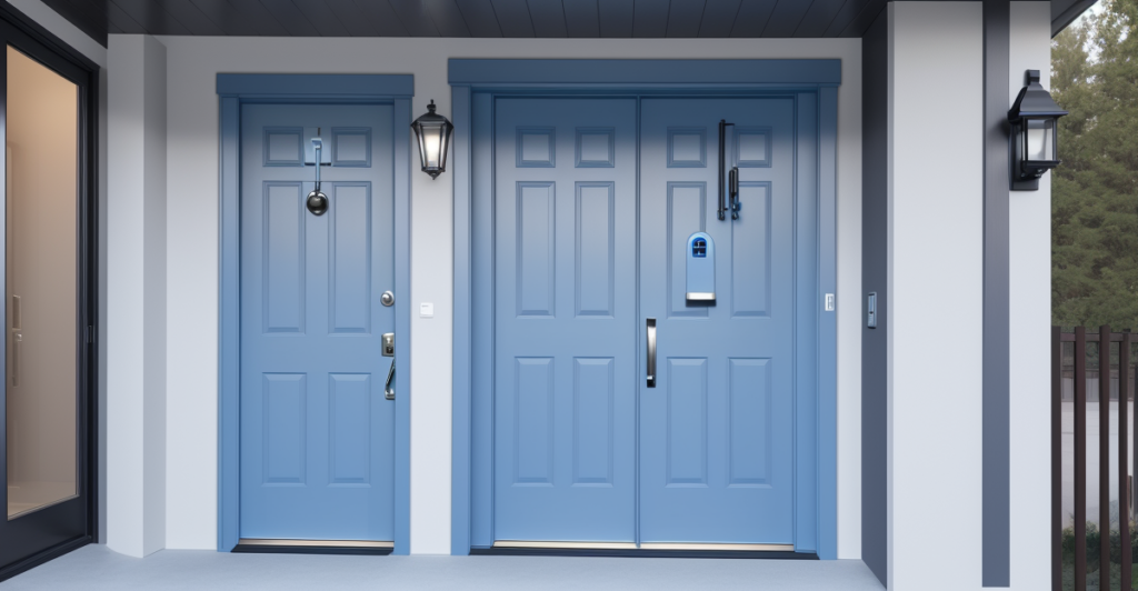 Smart lock mounted on a residential front door with warm interior lighting