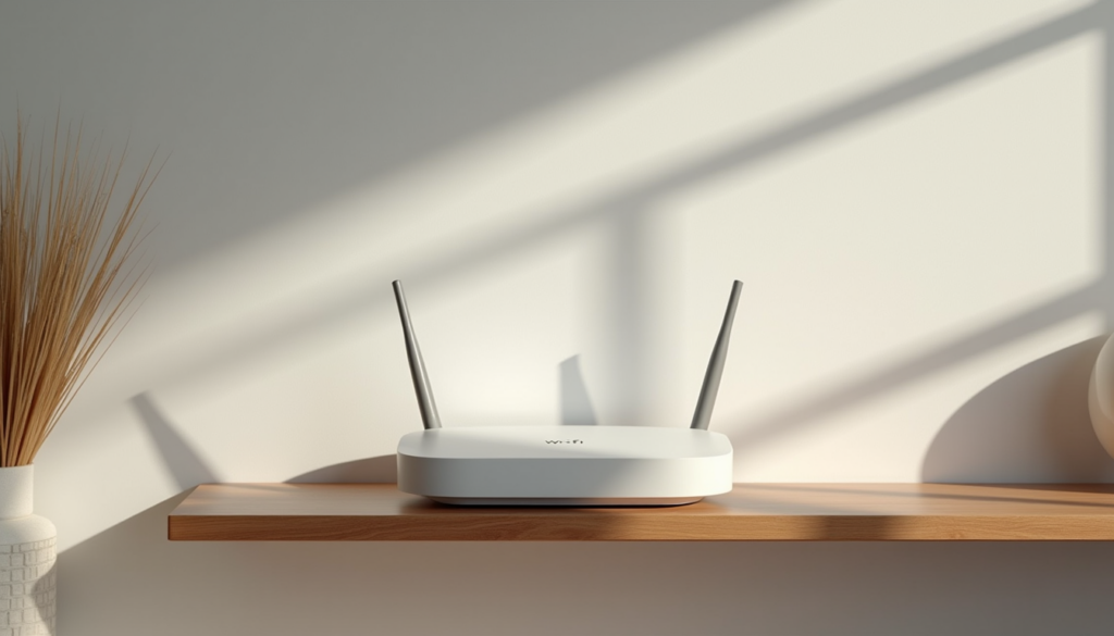 Router placed centrally on an open shelf in a living room