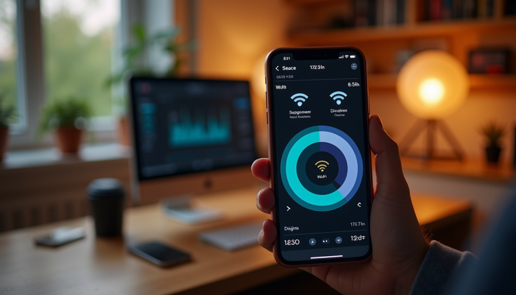 Phone showing Wi-Fi analyzer app scanning nearby networks and channels