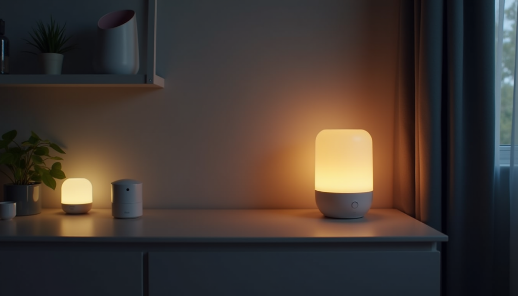 Complete smart nursery setup with monitor, purifier, sensor, and smart lighting at night