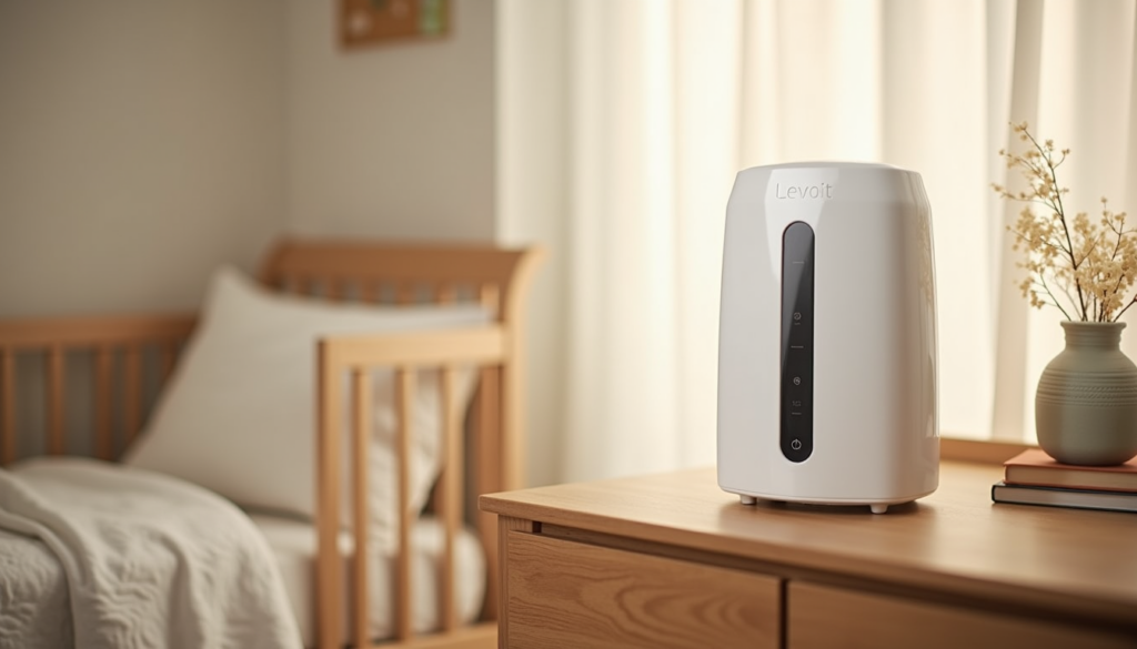 Levoit air purifier running on a dresser in a baby nursery on quiet mode