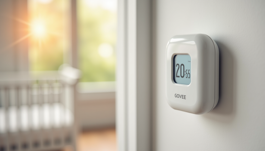Govee temperature and humidity sensor mounted on a nursery wall near a crib
