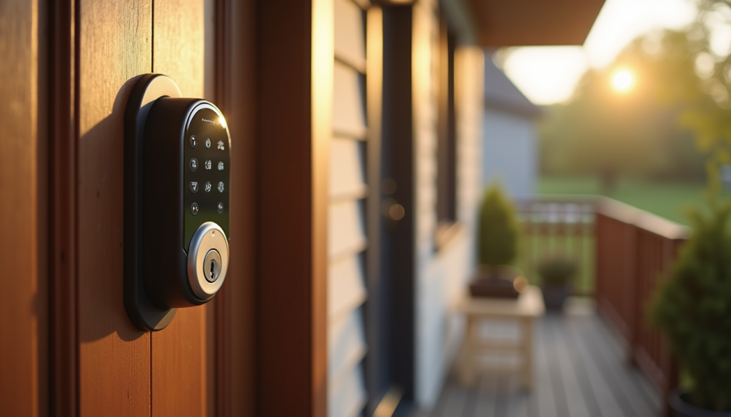 August smart lock on a front door with phone nearby for Bluetooth connection