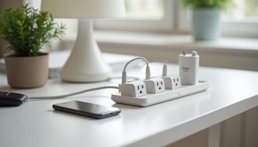 Zigbee smart plugs connected to a local hub on a power strip with devices