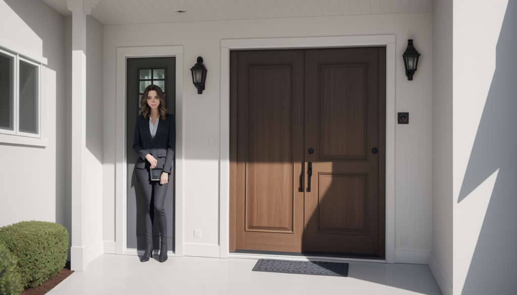 Smart video doorbell mounted on a front door