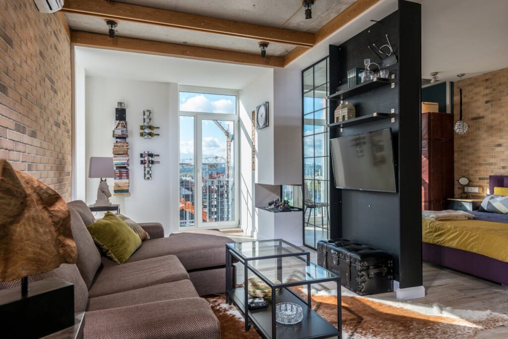 Cozy living room with smart lighting creating a warm atmosphere