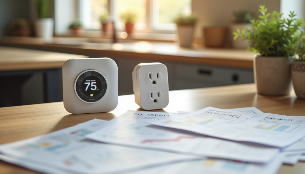 Smart home devices arranged on a counter with receipts and tax credit paperwork