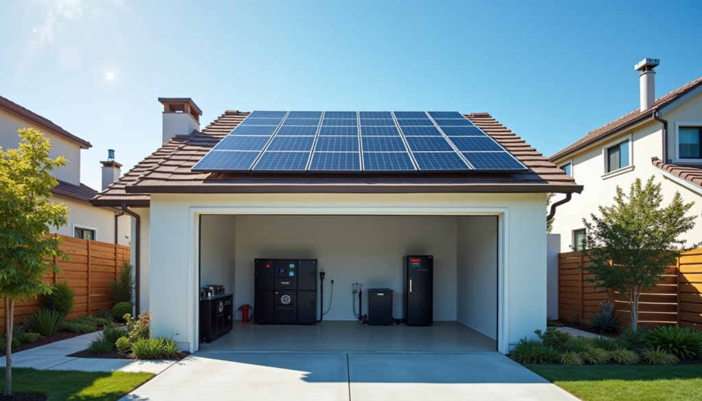 Solar panels on a residential roof with battery storage system visible in the garage