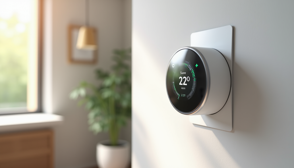 Ecobee smart thermostat mounted on a wall showing energy savings data