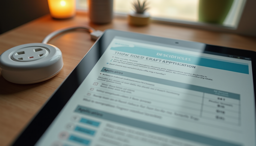 Utility rebate application form on a tablet next to a smart thermostat and power strip