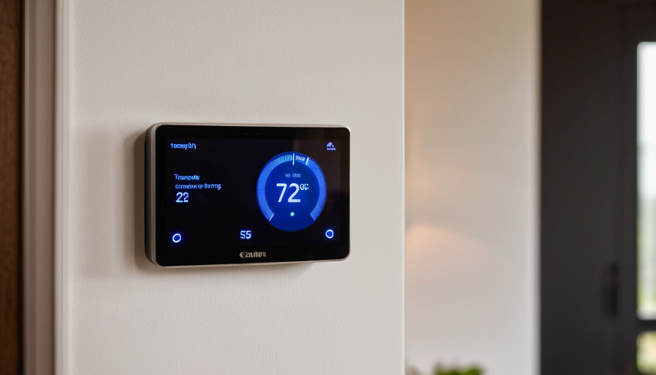 Smart thermostat on living room wall