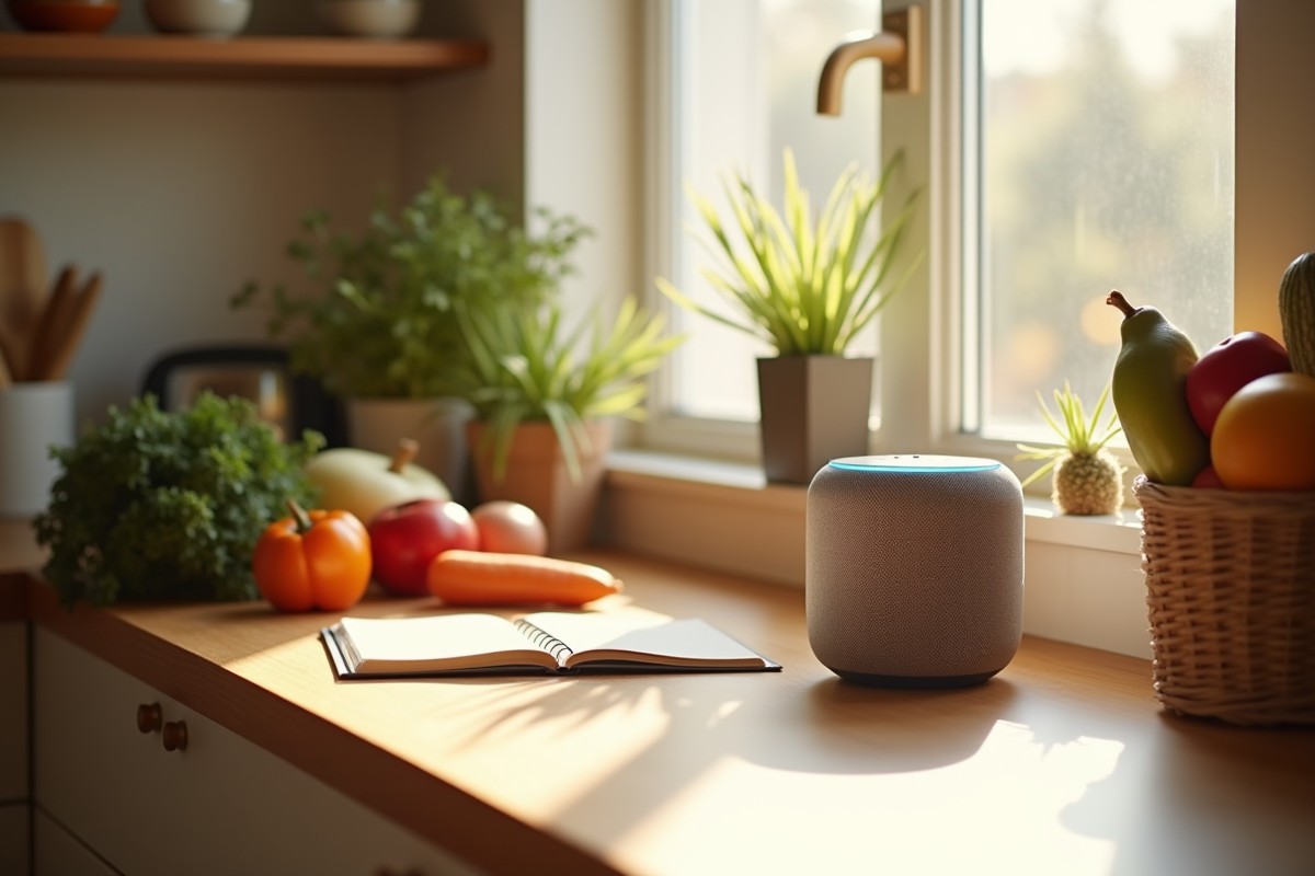 Smart speaker on kitchen counter helping with cooking and shopping lists