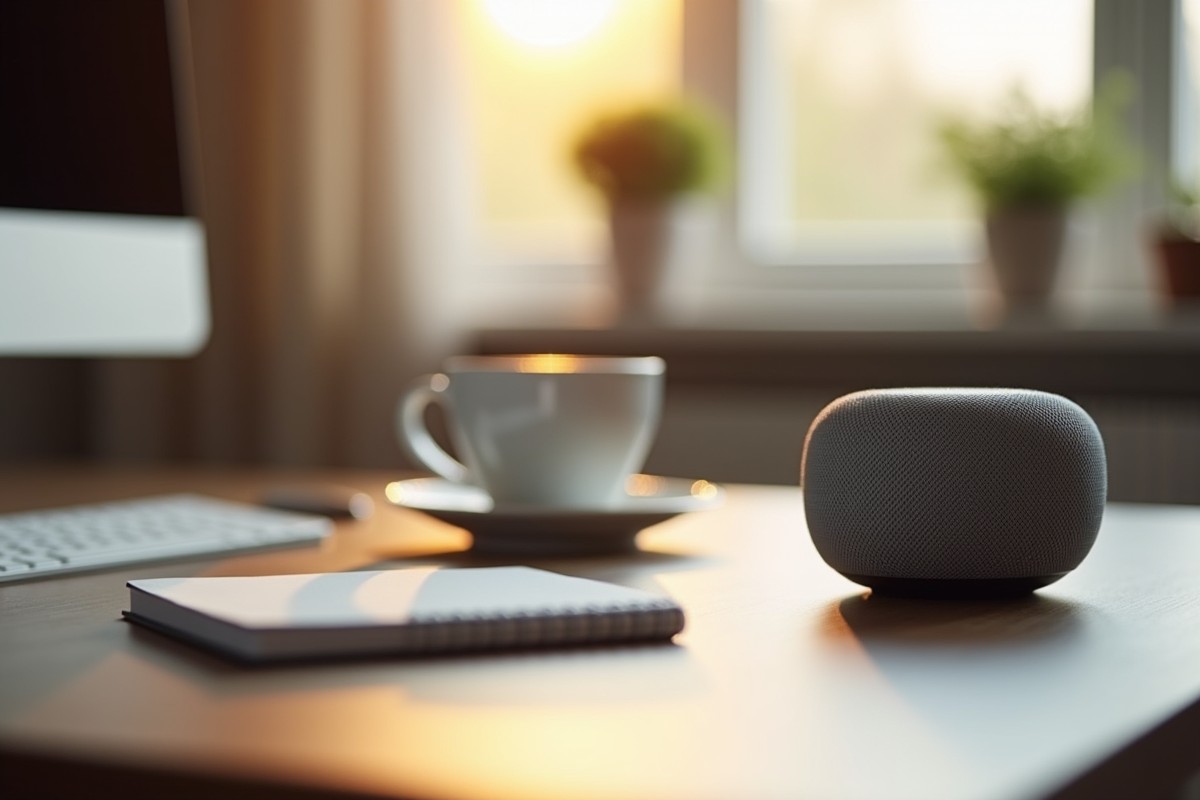 Smart speaker on a home office desk helping with productivity tasks