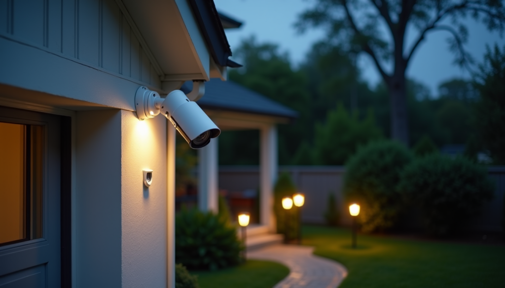 Outdoor security floodlight camera mounted on backyard garage wall