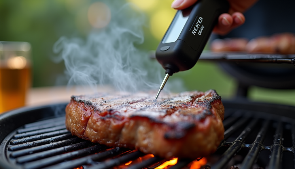 Smart wireless meat thermometer in steak on outdoor grill