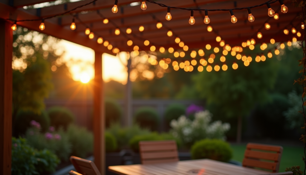 Smart outdoor string lights on a backyard patio at dusk