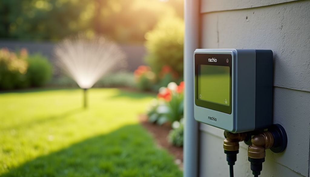 Rachio smart sprinkler controller mounted on wall with garden irrigation