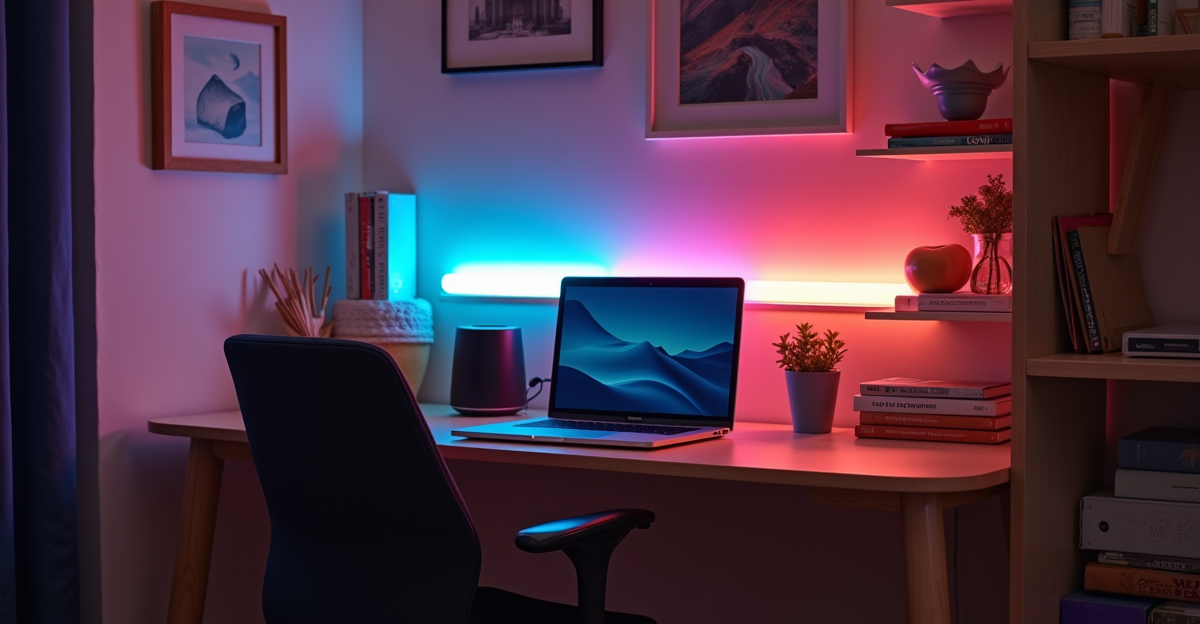 College dorm room desk setup with smart speaker and LED strip lighting