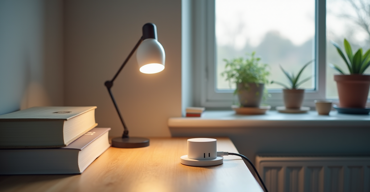 Kasa smart plug mini plugged into a dorm room power strip controlling a desk lamp