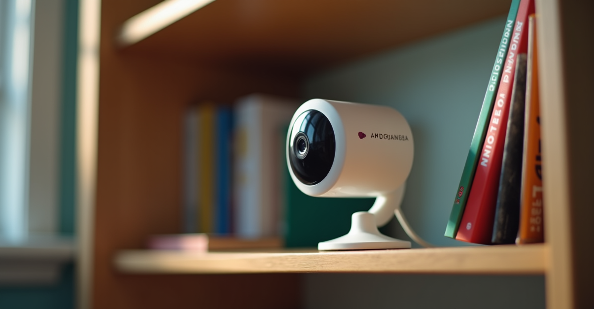 Wyze Cam v4 security camera on a college dorm bookshelf pointing at the door