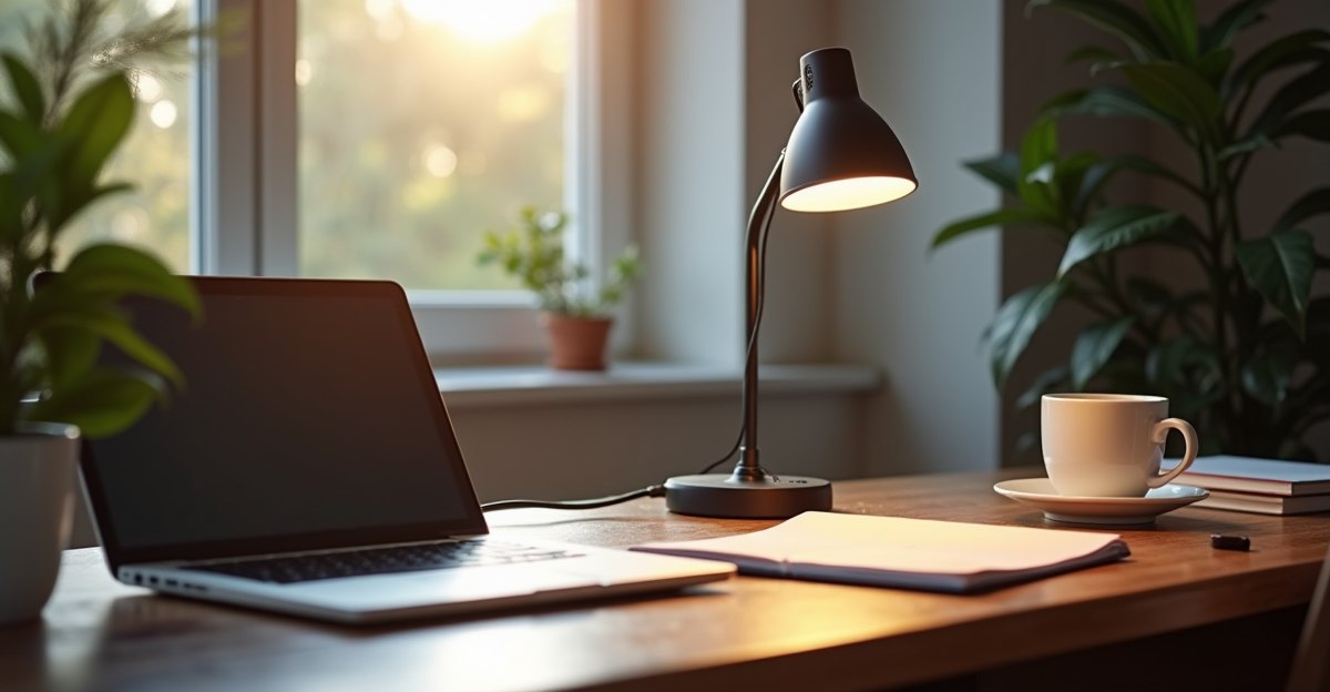 College student desk with Meross smart plug, laptop, and study lamp