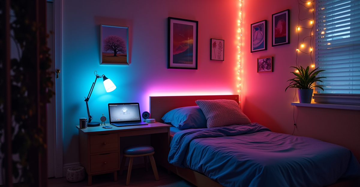 College dorm room with smart speaker LED strips and compact smart devices on desk