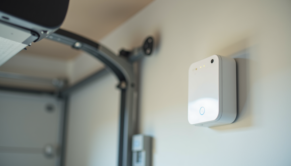 Smart garage door controller mounted on wall next to opener