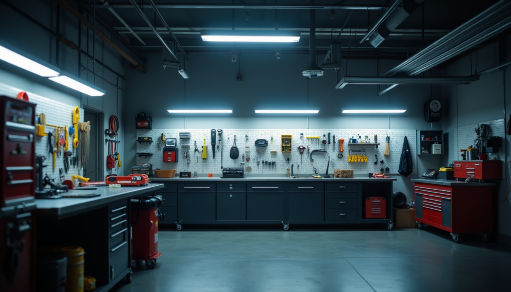 Bright smart LED lights illuminating a garage workshop area