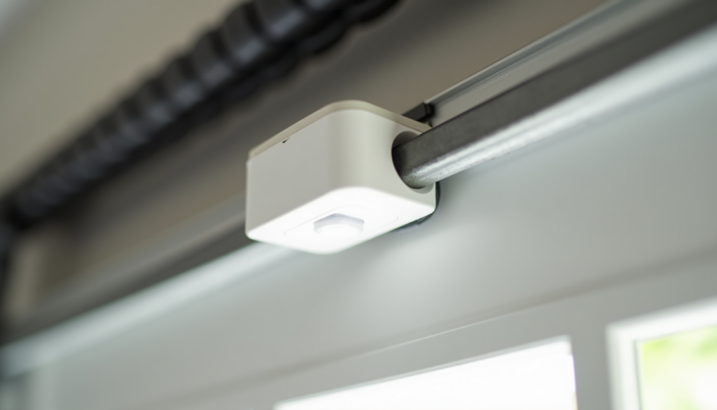 Small door sensor mounted on garage door track