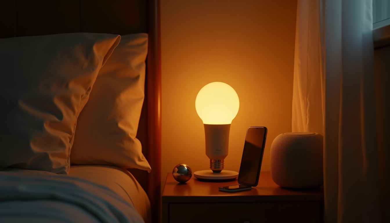Warm-glowing smart bulb in bedside lamp