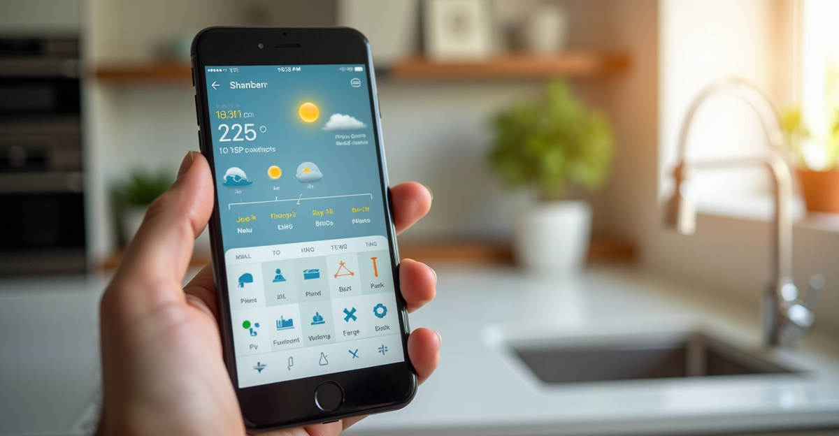Smartphone app showing sprinkler schedule with weather forecast overlay