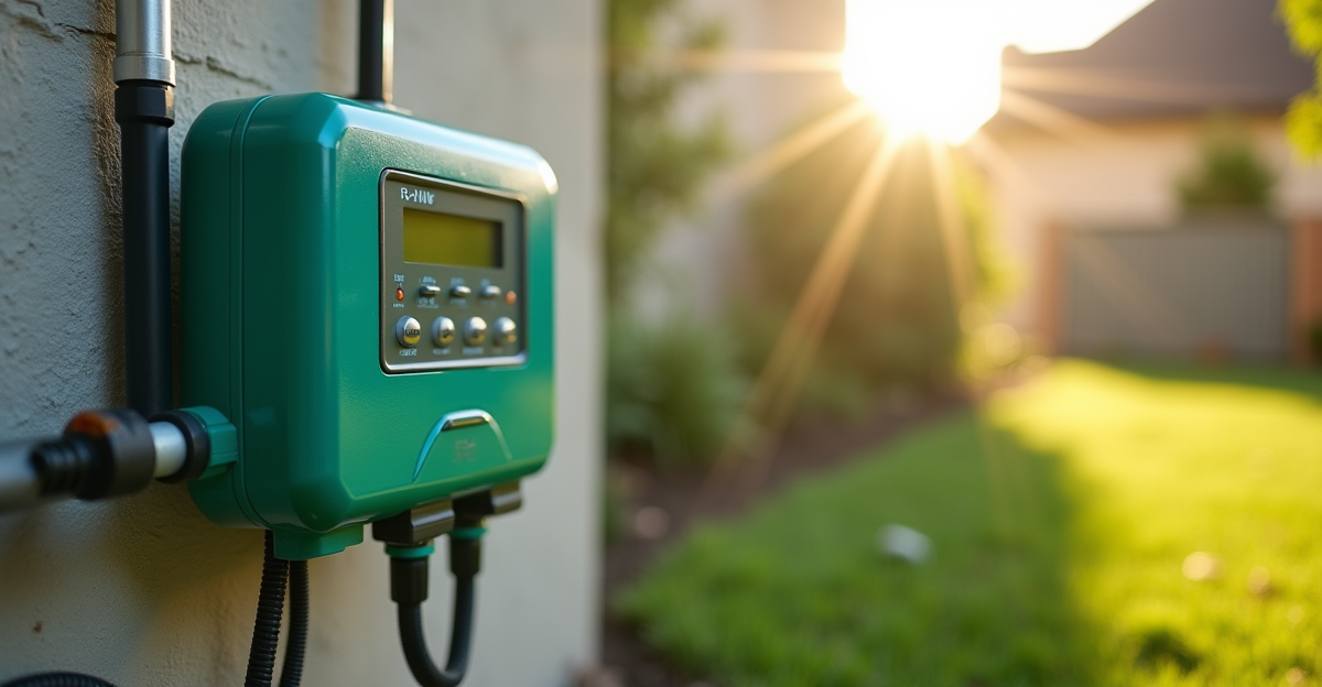 Orbit B-hyve sprinkler controller mounted outdoors next to irrigation manifold