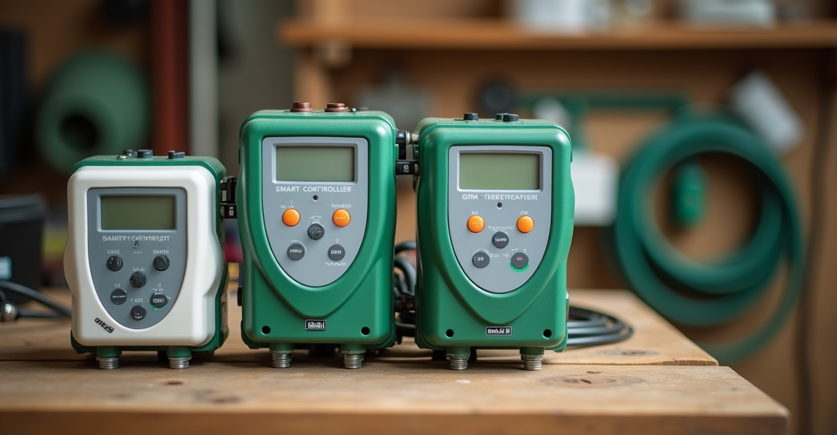 Side by side comparison of four smart sprinkler controllers mounted on a wall
