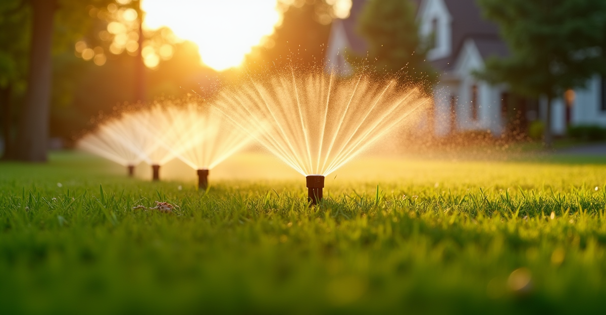 Lush green lawn with smart sprinkler heads watering at sunrise
