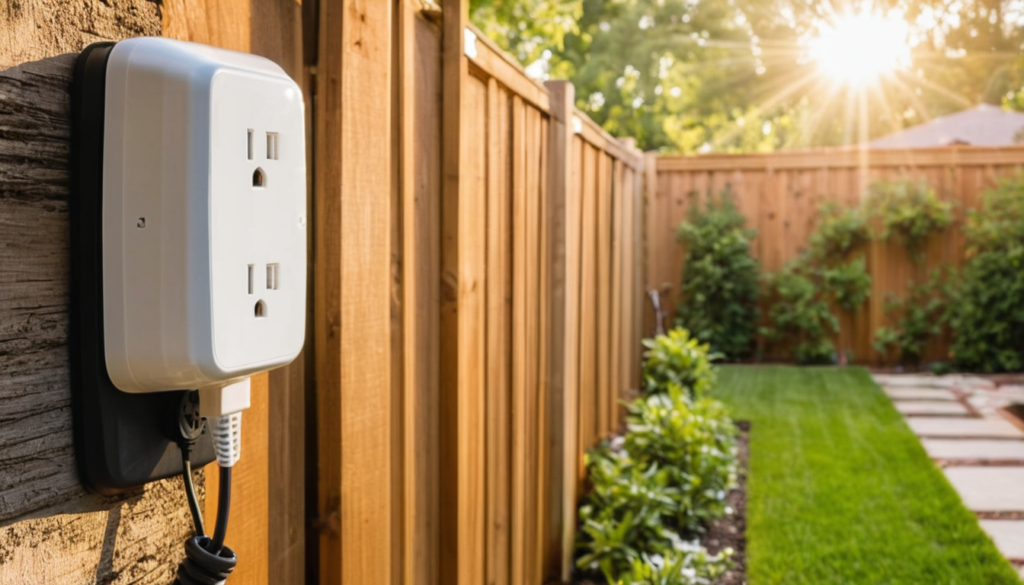 Outdoor smart plug with weatherproof cover on backyard fence