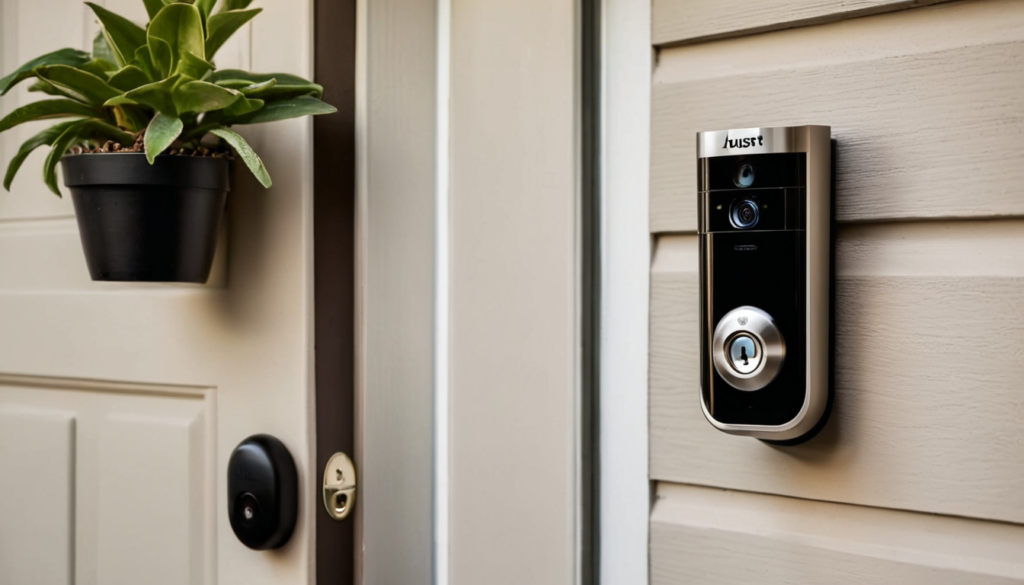 Smart home security camera and smart lock on front door for vacation protection