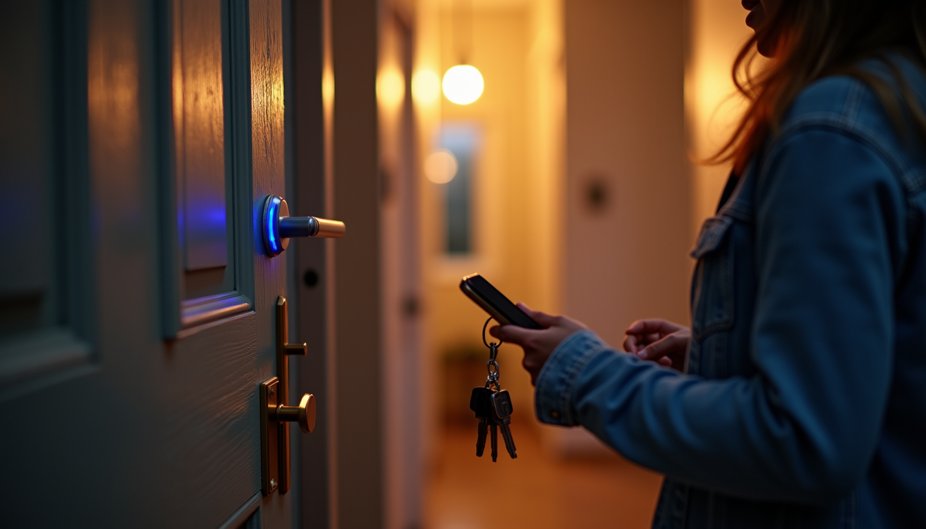 Smart home departure scene with front door and smart lock