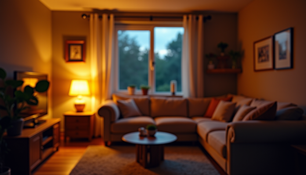 Cozy living room with warm smart lighting creating an occupied appearance
