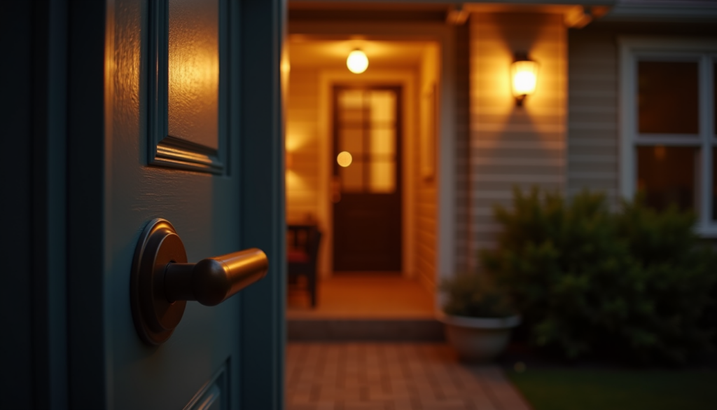 Warmly lit entryway with smart lock welcoming you home