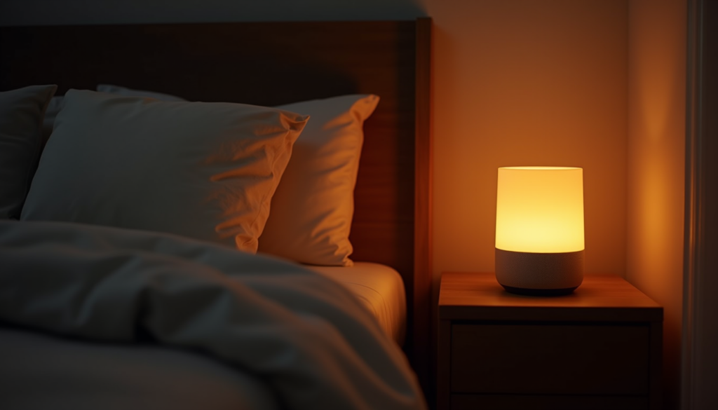 Cozy bedroom at night with dimmed smart lights and smart speaker on nightstand