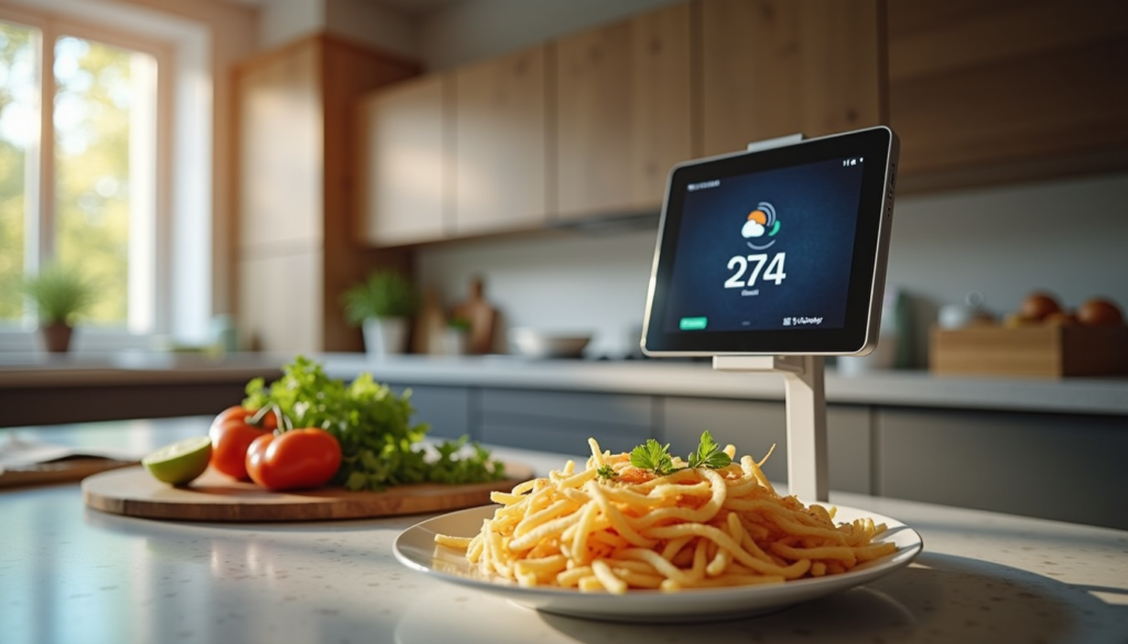 Kitchen with smart display showing timer, ingredients on counter