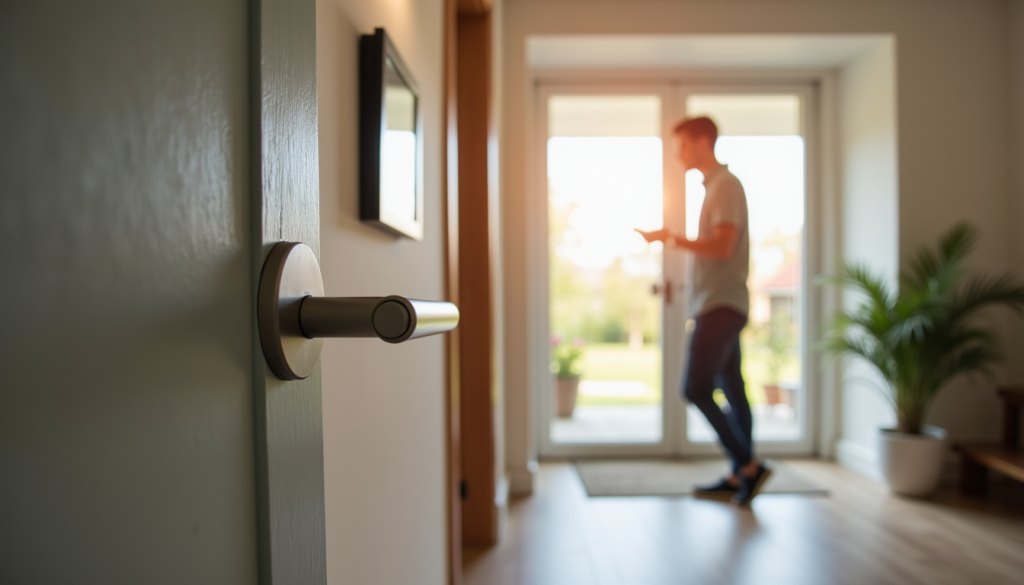 Front entryway with smart lock on door, person leaving home