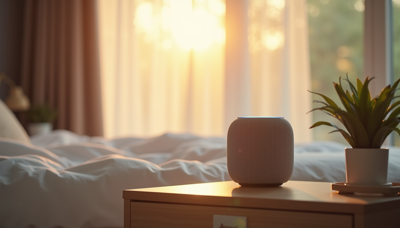 Bedroom in morning light with smart speaker on nightstand