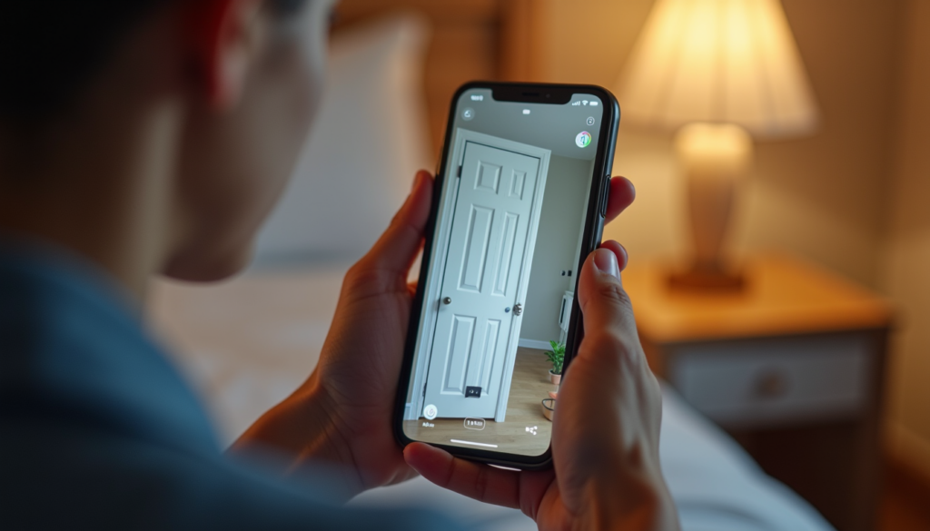 Smartphone displaying smart home security app with door lock status and camera feed